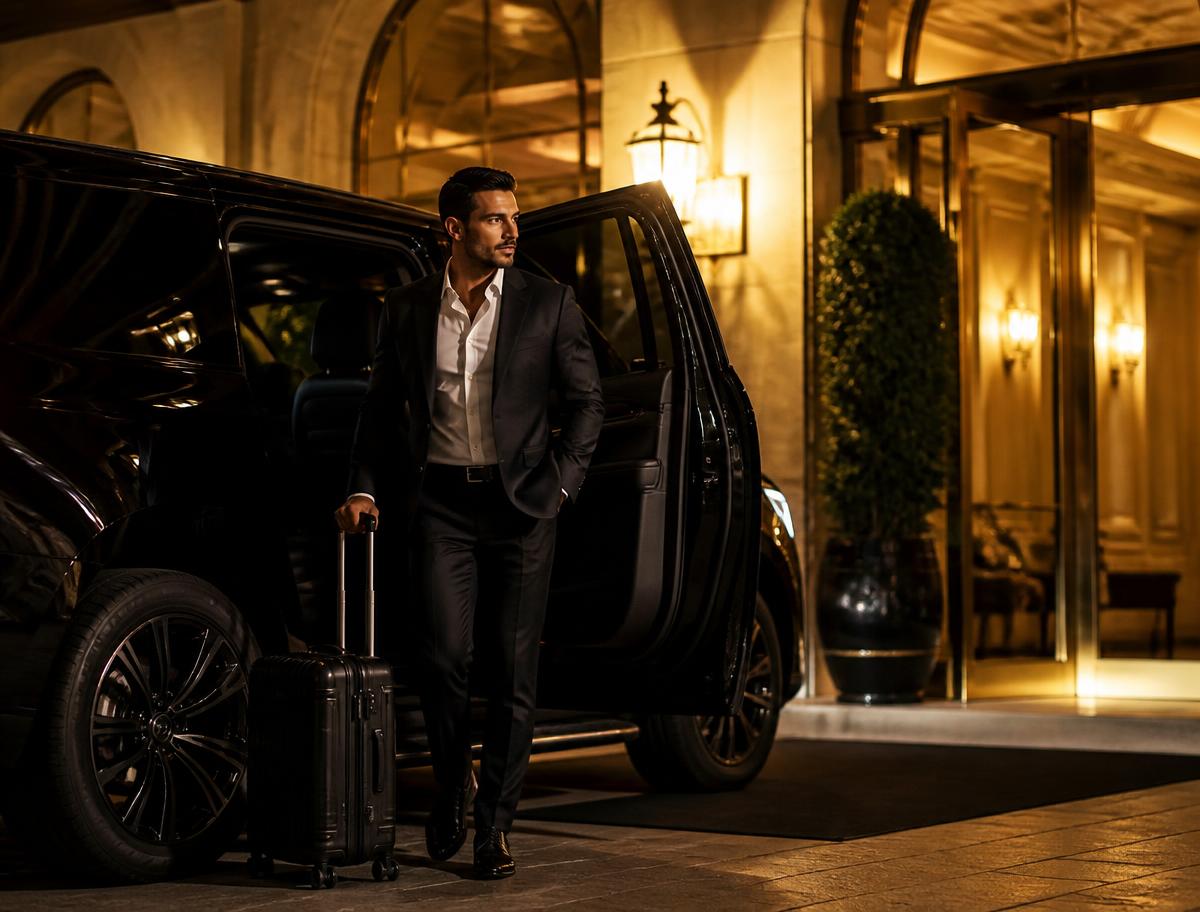 Executive traveler arriving at a hotel in a black luxury SUV