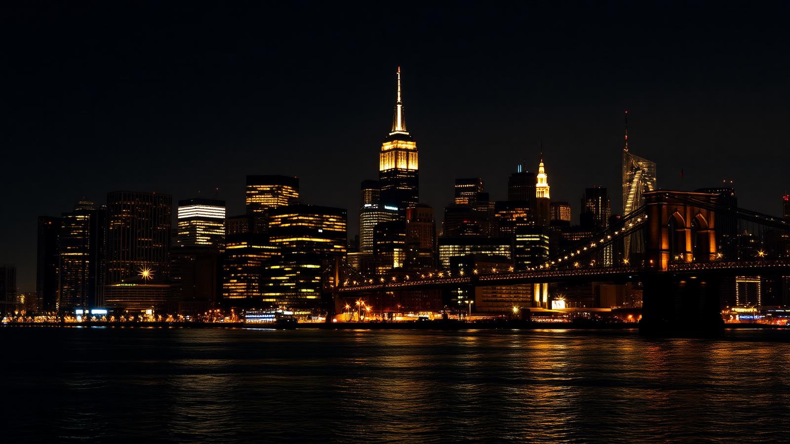 New York City skyline lit up at night